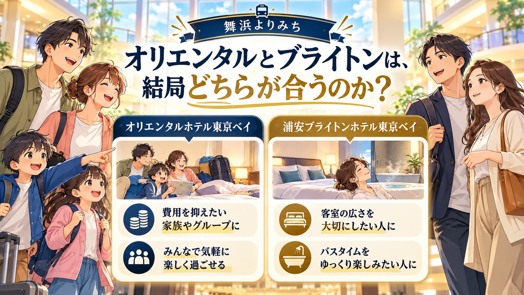 オリエンタルとブライトンは、結局どちらが合うのかを、旅行条件と確認ポイントで整理したイメージ図