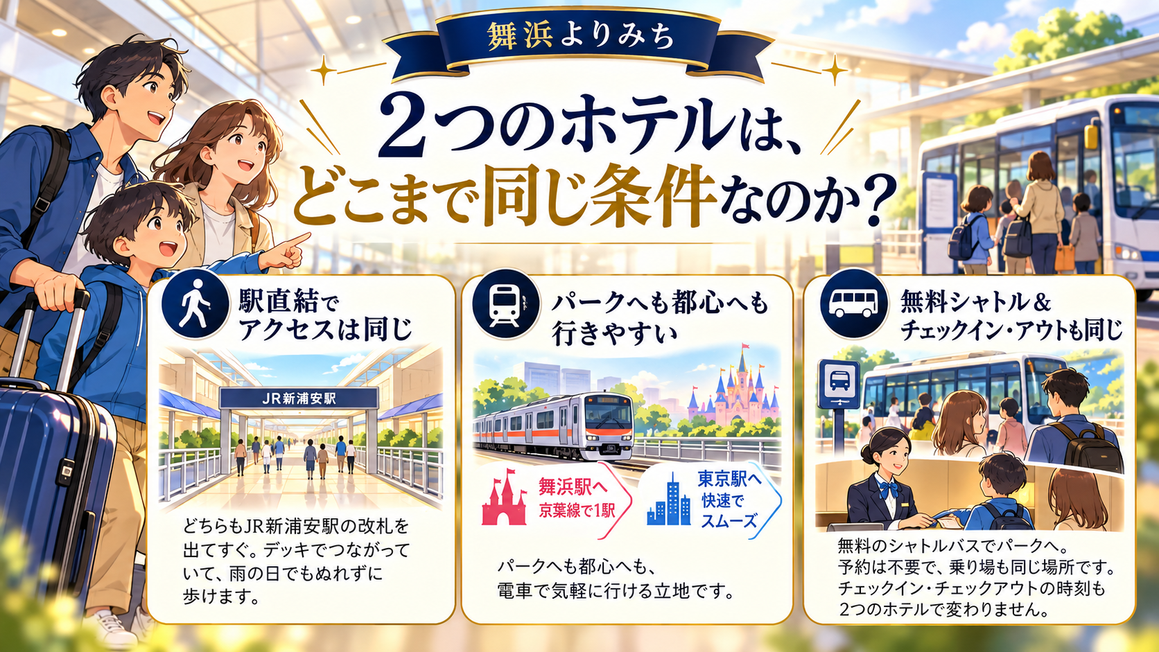 2つのホテルは、どこまで同じ条件なのかを、旅行条件と確認ポイントで整理したイメージ図