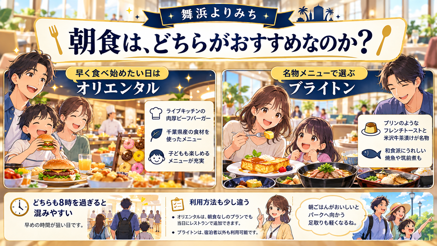 朝食は、どちらがおすすめなのかを、旅行条件と確認ポイントで整理したイメージ図