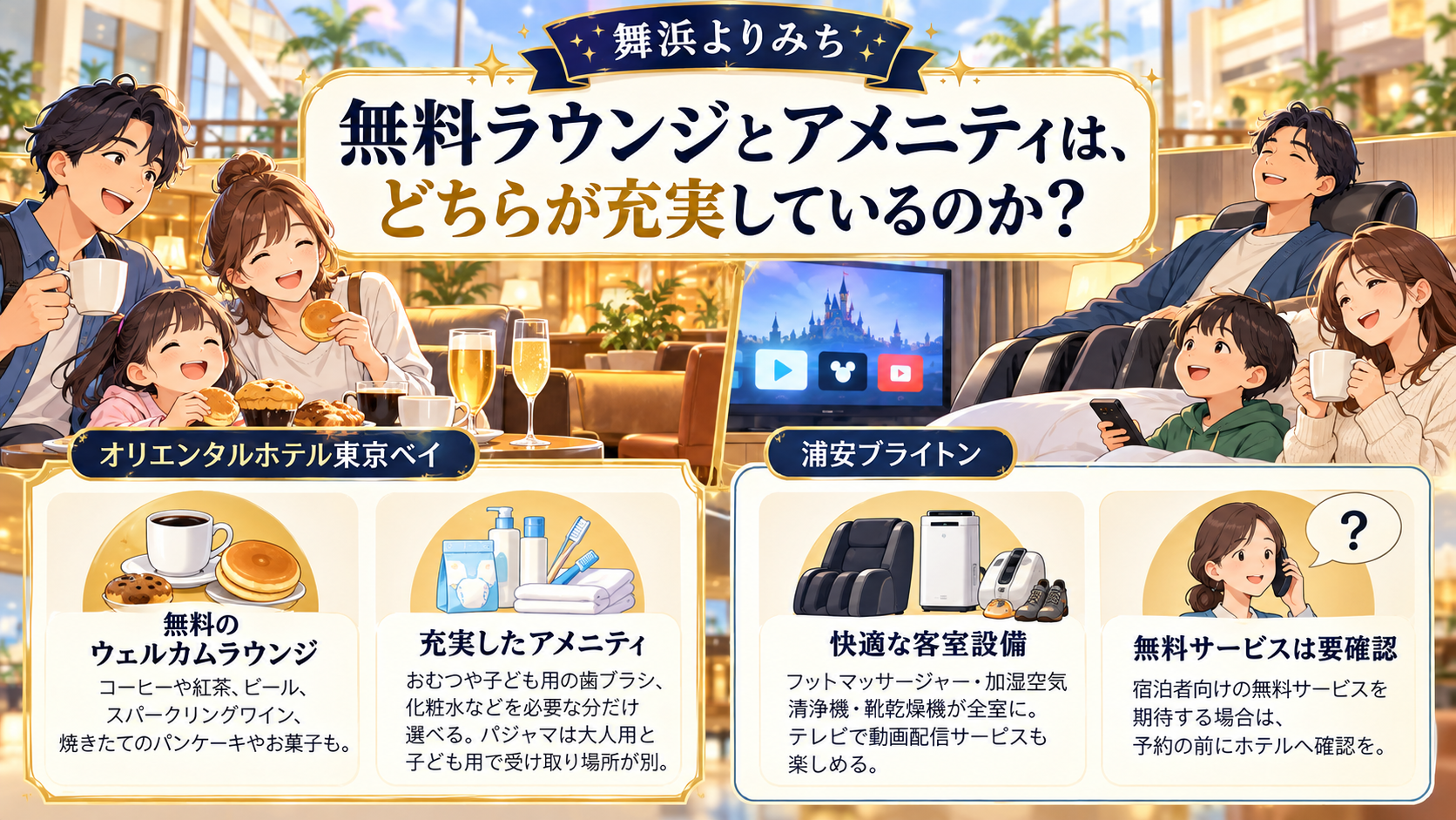 無料ラウンジとアメニティは、どちらが充実しているのかを、旅行条件と確認ポイントで整理したイメージ図