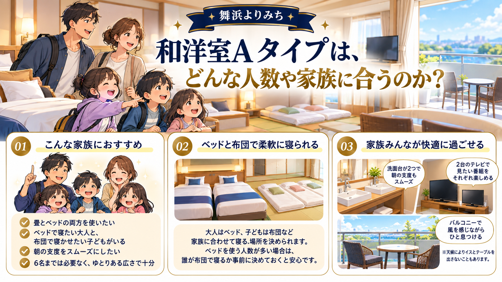 和洋室Aタイプは、どんな人数や家族に合うのかを、旅行条件と確認ポイントで整理したイメージ図