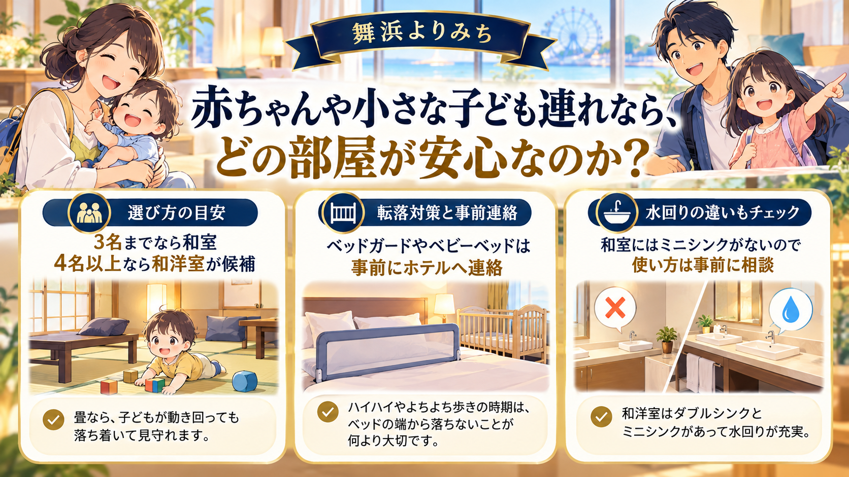 赤ちゃんや小さな子ども連れなら、どの部屋が安心なのかを、旅行条件と確認ポイントで整理したイメージ図